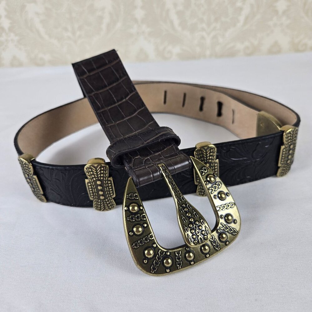 Chico's Size Large Black Tooled Leather/Animal Print Belt Antique Gold Hardware